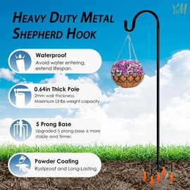 2Packs Shepherds Hook for Outdoor Bird Feeders Pole 76 Inch Tall, Adjustable Heavy Duty Garden Hanger Stake Pole with 5 Prong Base, Shiny Black