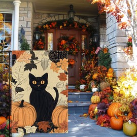 Fall Cat Pumpkin Garden Flag for Outside 12x18 Inch Double Sided Burlap Autumn Thanksgiving Maple Leaf Farmhouse Holiday Rustic Outdoor Yard Flag Home Decorations