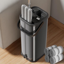 SWIFTIRON Black Flat Mop and Bucket for Home with 4 Extra Refills, Stainless Steel Mop and Bucket with Wringer, Hands-Free Mop, Wet and Dry Use Mop with Long Handle