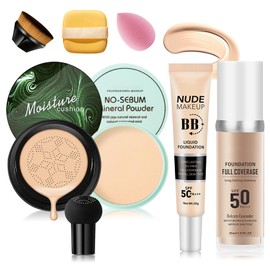 7PCS Mushroom Head Air Cushion CC Cream,Natural BB Cream Foundation Makeup,Moisturizing Colour Change Foundation,Loose Setting Powder Set with Makeup Sponges D