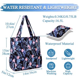 VASCHY Beach Bag for Women, Floral Lightweight Shoulder Tote Bag Foldable Water Resistant Sandproof Handbag Pool Gym Bag with Zip and Multi-pockets for Vacation, Travel(Black Leaves)