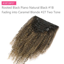 ABH AMAZINGBEAUTY HAIR Kinkys Curly Clip in Hair Extensions 3C and 4A Double Wefts Real Remy Human Hair Curly Clip ins for African Americans 120 Grams, #1BT1BP27 Rooted Highlight Blonde Color 14 Inch