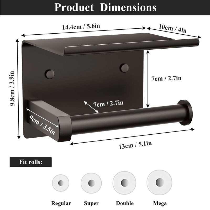 Tindbea Toilet Paper Holder with Phone Shelf, Adhesive or Screw