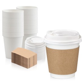 Fit Meal Prep 100 Pack 10 oz Disposable Coffee Cups with Lids, Sleeves and Stirrers, Premium To Go Coffee Cups with Lids, Durable Thickened Hot White Paper Cup for Cold/Hot Beverage Chocolate Cocoa
