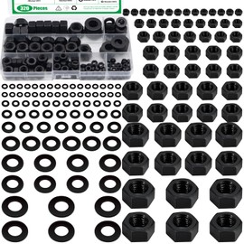 Yauhar 320 Black Carbon Steel Hex Locknuts and Flat Washers Assortment Kit, M3 M4 M5 M6 M8 M10 M12 Nylon Insert Self-Locking Nylock Nuts for Furniture, Building Construction, Medical Equipment