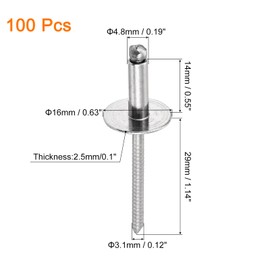 sourcing map 100Pcs 3/16"x1/2" 304 Stainless Steel Large Flange Round Head Rivets, Large Cap Open End Blind Rivets for Construction, Automotive Manufacturing, Aerospace, Shipbuilding (Silver)
