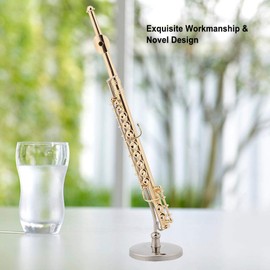 Miniature Flute, 5.9 Inch Mini Flute Model with Stand Brass Musical Instrument Model Hobby Collectibles Gift for Home Accessories Figures