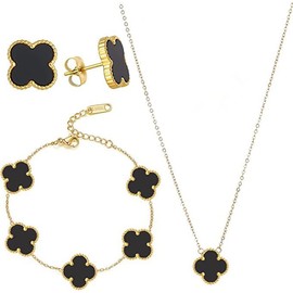18K Gold Plated Lucky Clover Sets, Lucky Clover Bracelet, Earring, Necklace Pendant for Women Girls (Black)