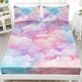 Smell Sunshine Pink Blue Cloud Sky Sheets Set 4Pcs for Kids,White Cloud 3D Printed Sheet Set with 1 Flat Sheet and 1 Fitted Sheet + 2 Pillowcases(Cloud Twin)