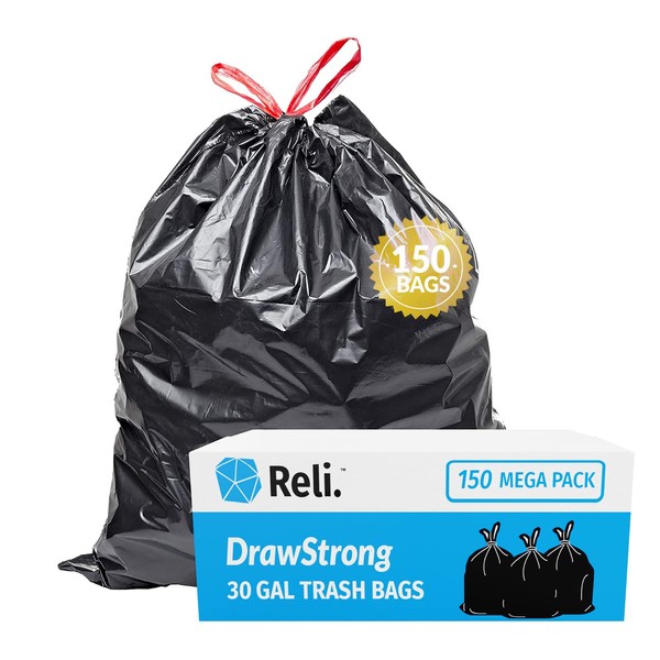 Reli. 30 Gallon Trash Bags Drawstring | 150 Count | Black | 30 Gallon Garbage Bags Heavy Duty | Large 30 Gal