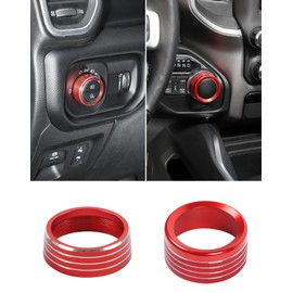 DSWSQ Headlight and Gear Shift Switch Knob Cover for 2018+ Dodge RAM Interior Accessories, Headlamp and Gear Shift Adjust Control Switch Button Cover Ring Trim, Red