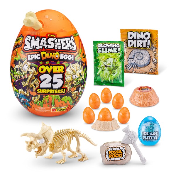 Smashers Epic Dino Egg Collectibles Triceratops Series 3 Dino by ZURU - with Over 25 Surprises, Slime, Fossil Toy, Ice Age Putty, Dinosaur Toys, Triceratops