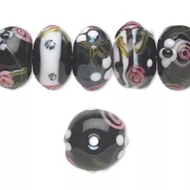 Czech 20 Lampwork Glass White Pink Black with Flowers Rondelle Beads *
