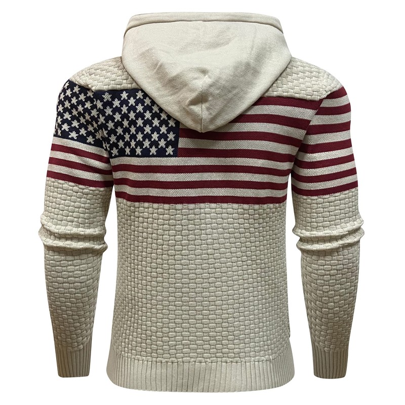 Zaitun Men's American Flag Pattern Drawstring Hooded Sweater