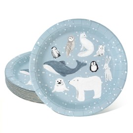 Cheerland Winter Animal Paper Plates Polar Arctic Animal Party Favors For Kids Birthday Onederland Decorations Winter Theme Party Supplies - Pack of 24