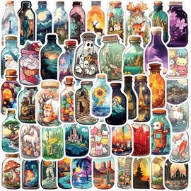 World In A Bottle Stickers 50 Pcs Cute Cartoon Funny Water Bottle Sticker for Skateboard Laptop Car Bumper Luggage Computer Bike,Waterproof Cute Plants Animals Decals for Kids Teens Giris