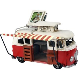 VANLAXY Classical Campervan Car Model Handmde Metal Camper Van Bus Retro Vintage Iron with Top Photo Frame Home Decoration Red