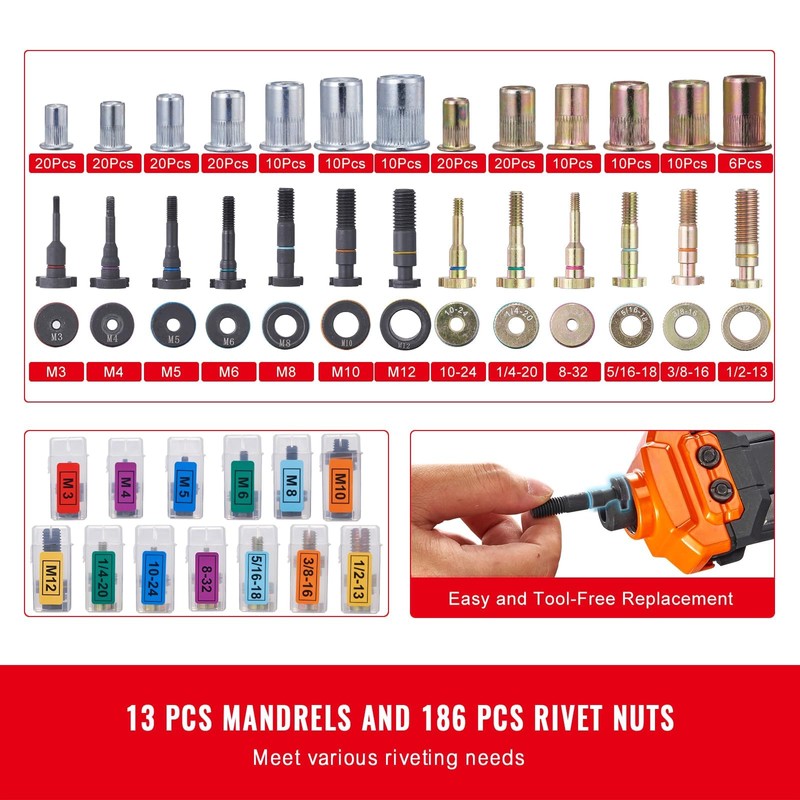 Happybuy 16” Rivet Nut Tool Kit, 13PCS Mandrels, 186PCS Rivet