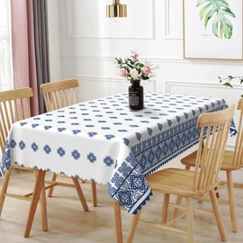 TTQYFNM 70x120inches Blue Medallion Print Tablecloth Mykonos Blue Mediterranean Tile Bordered Rectangle Tablecloths Stain Resistant Fabric Table Cover for Kitchen Dining Room Indoor Outdoor Party Use