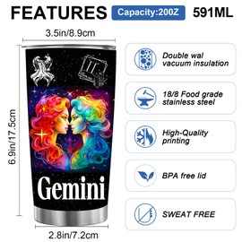 Gemini Constellation Tumblers, Astrology Fans Gifts for Men and Women, 20oz Stainless Steel Insulated Tumblers with Lid, Double Wall Vacuum Water Cups for Hot & Iced Coffee Drinks