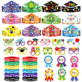 Skyygemm 96 Pcs Kindergarten Graduation Party Decoration Favors Preschool Graduation Paper Glasses Paper Congrats Grad Hats for Kids Silicone Bracelets and Stickers for Class of 2025 Gifts Photo Props