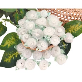 JAKAPAN Ribbon Rose Flower Heads Artificial Fabric Flowers Faux Floral with Green Leaves for Decor Sewing DIY Craft Wedding Bride Gift Wrapping Hair Accessories (White)