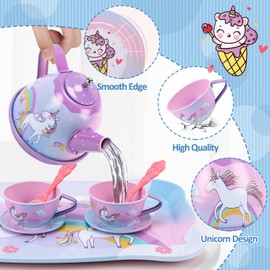 QIZEBABY Tea Party Set for Girls,Kids Tin Tea Set Including Teapots & Teacups & Dishes & Dessert & Icecream,Princess Pretend Play Toy,Play Kitchen Accessories for Toddler,Gift for 3 4 5 6 Years Old