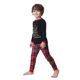 VENTELAN Matching Christmas Family Pajamas Sets Christmas Tree Print Top and Plaid Pants Sleepwear for Couples and Kids,Women,XL