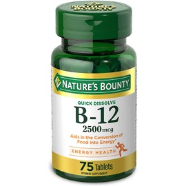 Vitamin B12 by Nature's Bounty, Quick Dissolve Vitamin Supplement, Supports Energy Metabolism and Nervous System Health, 2500mcg, 75 Tablets