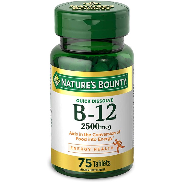 Vitamin B12 by Nature's Bounty, Quick Dissolve Vitamin Supplement, Supports Energy Metabolism and Nervous System Health, 2500mcg, 75 Tablets