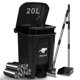 Uppcasir Dog Poop Trash Can Outside with Pooper Scooper, 20L/5Gal Dog Waste Trash Can with Lid, Pedal and Removable Inner Bin, Pet Poop Bin with Metal Rake & Tray and 100 Bags