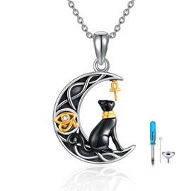 YAFEINI Cat Urn Necklace Sterling Silver Bastet Cat Ashes Pendant Egyptian Cat Cremation Jewelry Gifts for Women