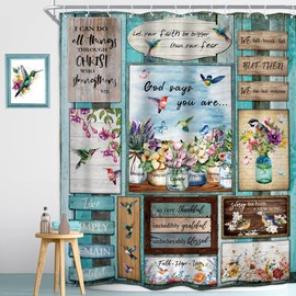 Homewelle Vintage Floral Blue Barn Shower Curtain Inspirational Quote Bible Verse Watercolor Flower Hummingbird Farm Farmhouse 60Wx72H Inch for Women Girl Waterproof Polyester Fabric Bathroom Bathtub
