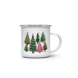 MAXIKIWI Langlebige Emaille-Kaffee- oder Tee-Camping-Tasse für drinnen und draußen, Motiv: Weihnachtsbäume, 350 ml