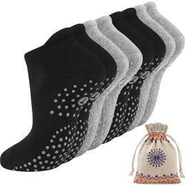Pilates Socks for Women, Cushioned Ankle Grippy Non Slip Socks for Yoga, Hospital, Barre, Sports Home Slipper Sock 4 Pairs Black Grey Size 6-8