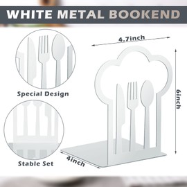 Cookbook Bookends Fork Knife Spoon Decorative Kitchen Metal Book Ends Cookbook Storage Books Stoppers Holder Home Decorative Accessories for Shelves Kitchen Holders(White,1 Pair)