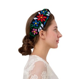 FANFAN Women's Mexican Handmade Embroidered Boho Headband – Elastic Floral Adjustable Hair Band for Weddings, Trendy Headwear for Evening Parties & Daily Wear E9 (Black, One Size)