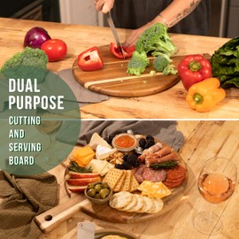 Acacia Wood Cutting Board and Chopping Board with Handle for Meat, Cheese Board, Vegetables, Bread, and Charcuterie - Decorative Wooden Serving Board for Kitchen and Dining Room, Large 13" x 13"