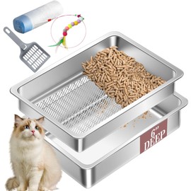 Stainless Steel Sifting Cat Litter Box for Pine Pellets, XL Extra Large Metal Cat Litter Box Sifter Pan with Litter Scoop, Low Dust, Odor Control, Easy Cleaning