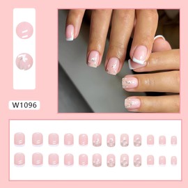 Spring Press on Nails Short Square Flower Fake Nails White French Tip Acrylic Nails Kit Glossy Pink Full Cover False Nails Short Glue on Nails Summer French Nails for Women Girls 24Pcs