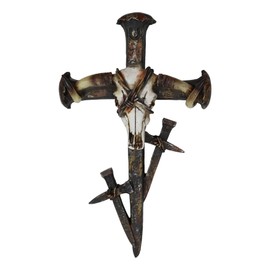 Ebros Gift Rustic Western Barbed Wires Bull Cow Skull With 3 Spike Nails Crosses Wall Cross Decor Plaque Vintage Design Hanging Sculpture Inspirational Accent