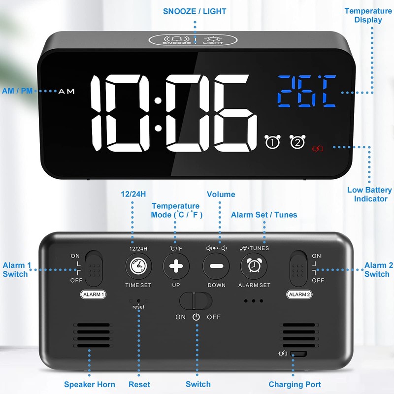Digital Alarm Clock, with Large Led Temperature Display, Portable Alarm