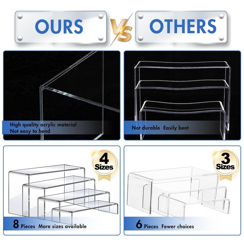 Aheroi Large Acrylic Risers, 8 Pcs 2 Set(7”L~8”L~9”L) Acrylic Display