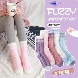 Fuzzy Slipper Socks for Womens Winter Warm Fluffy Cozy Comfy Thick Plush Cabin Sleep Soft Home Socks Christmas Gifts Stocking Stuffers for Women 5 Pairs(Light Colors)