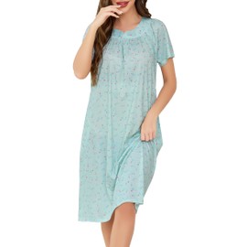 Vlazom Women's Nighties Printed Pleated Nightdress Soft Cotton Long Nightgowns Loose Nightgshirt with Pockets Light Green,M