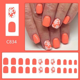 Orange Press on Nails Short Square Fake Nails with White Flower Design Floral Glue on Nails Glossy Spring Nails Reusable Summer False Nails for Women Girls Daily Wear Manicure 24pcs