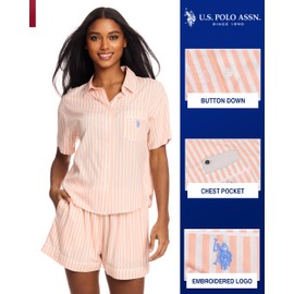 U.S. Polo Assn. Summer Pajamas for Women - Woven PJ Set with Button Up Top and Shorts - Lounge Sets for Women Plus Size (Peach, 3X)