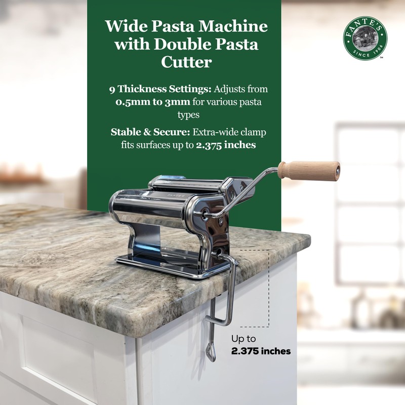 Fante’s Double Cutter Classic Pasta Maker, Hand-Crank Noodle Press with