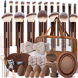 HGHDBT Juego de 57 brochas de maquillaje marrón profesional con estuche sintético prémium para base, corrector, rubor, sombra de ojos, polvo de ojos y