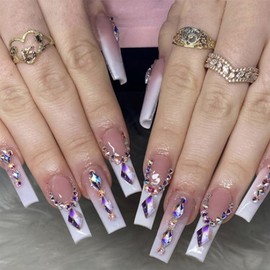 24Pcs Acrylic Press on Nails Long Fake Nails, Coffin False Nails with Designs Gems Rhinestones,Square Nails Press ons White French Tip Nails Artificial Nails For Women Girls